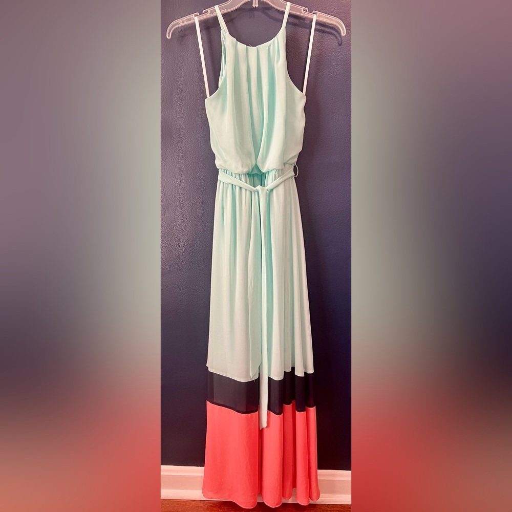 Elegant Light Aqua Color Block Maxi Dress